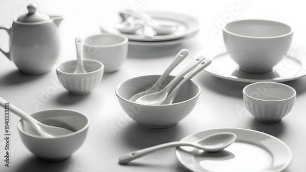 Obraz Elegant white ceramic dishes and utensils displayed on a smooth surface