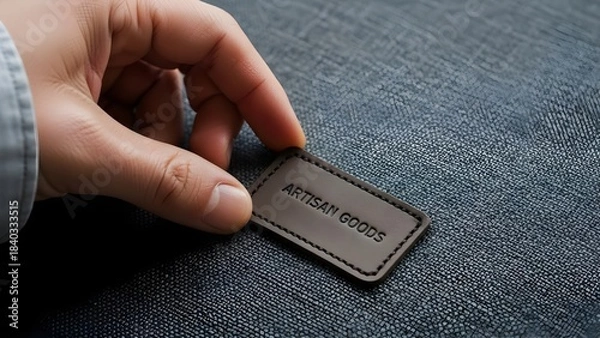 Obraz Person holding a leather label with text against textured fabric background