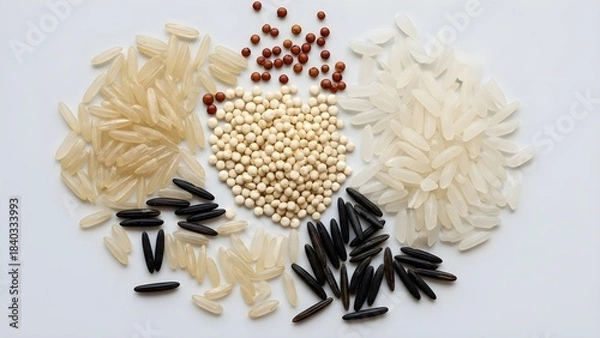 Obraz Variety of rice grains and seeds displayed on white background
