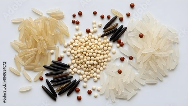 Obraz Variety of rice grains and seeds scattered on white background
