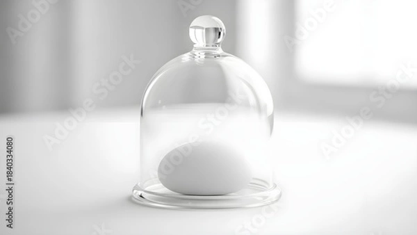 Obraz White egg inside glass cloche on table monochrome concept still life