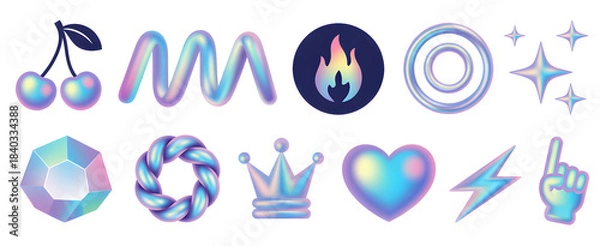 Fototapeta Holographic Emblems: A collection of vibrant, holographic symbols, each reflecting light in a spectrum of colors, offering a sense of modern, futuristic aesthetic.