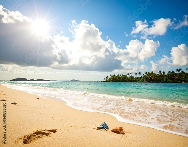 Obraz Tropical beach scene with sun and clouds