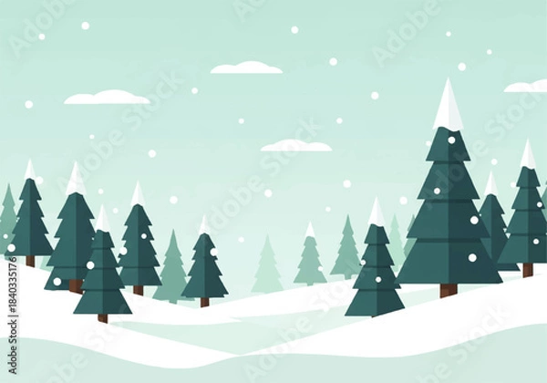 Obraz Flat Design Winter Forest with Falling Snow