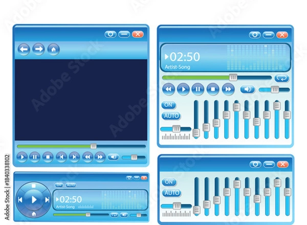 Obraz Interface buttons and sliders set of UI icons. 2000s music player interface equalizer with gradients. Retro user interface elements 2000s style. 2000s retro user interface elements. Chat interface win