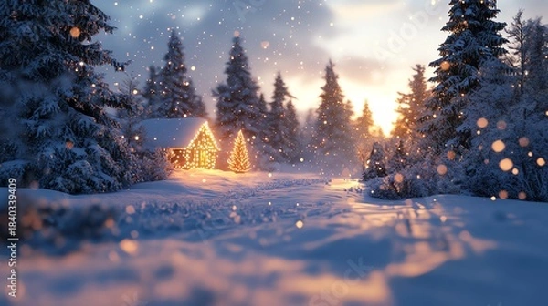 Obraz Ultradetailed cinematic winter landscape featuring large snowsculpted  2026  glowing with warm golden lights from inside