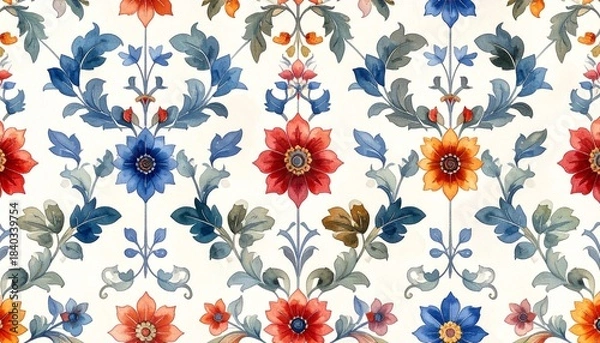 Fototapeta Colorful Symmetrical Floral Pattern with Red, Blue, and Yellow Blooms on Light Background