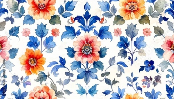 Fototapeta Colorful Symmetrical Floral Pattern with Red, Blue, and Yellow Blooms on Light Background