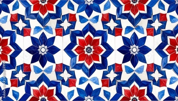 Fototapeta Geometric Star Pattern in Red, White, and Blue Tessellation