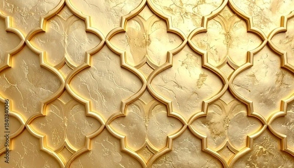 Fototapeta Golden Geometric Lattice Pattern on Marbled Metallic Background