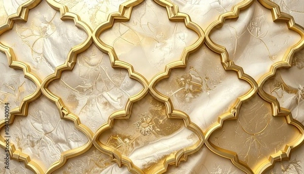 Fototapeta Golden Geometric Lattice Pattern on Marbled Metallic Background