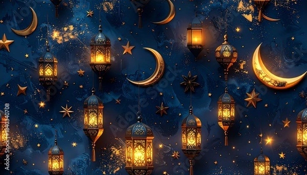 Fototapeta Decorative Night Sky with Glowing Lanterns, Crescent Moons, and Stars on Deep Blue Background