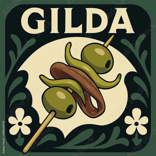 Obraz Gilda, canape with pickled pitted olives and hot green peppers with salted anchovy fillets on rustic wooden toothpick on vibrant decorative background