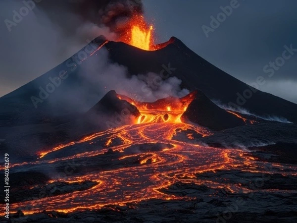Fototapeta Spectacular volcanic eruption with flowing lava in iceland at dusk