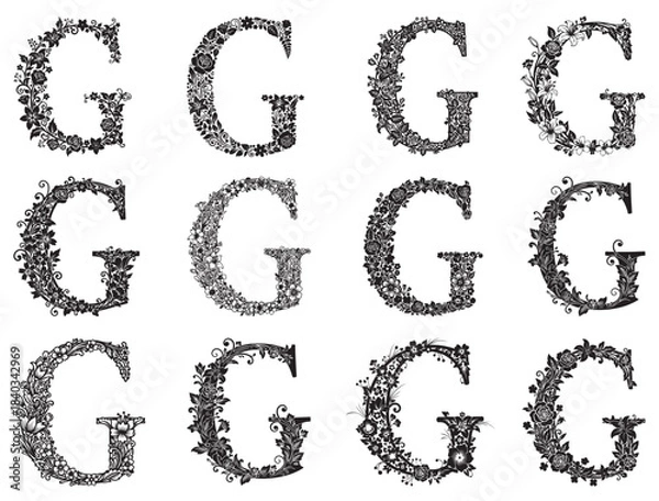 Obraz DECORATIVE FLORAL LETTER G SILHOUETTE