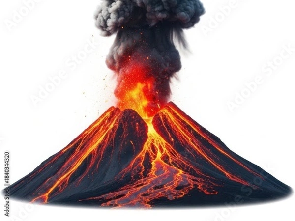 Fototapeta Erupting volcano spewing lava and smoke isolated on white background