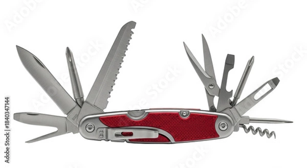Obraz Red multi tool with open blades and tools on black