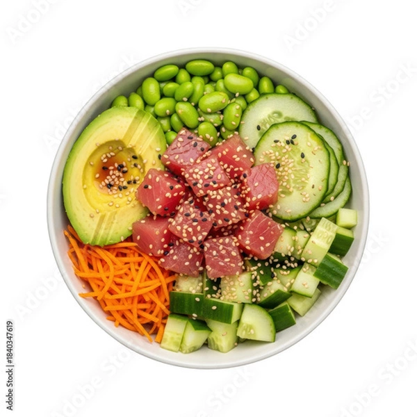 Obraz Tuna poke bowl with avocado edamame cucumber and carrot