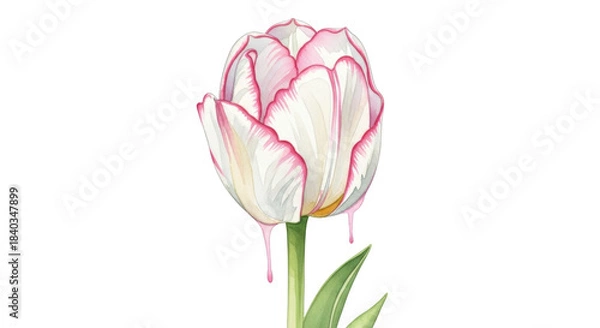 Obraz White tulip with pink edges dripping on black background