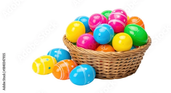 Obraz Wicker basket overflowing with colorful plastic Easter eggs