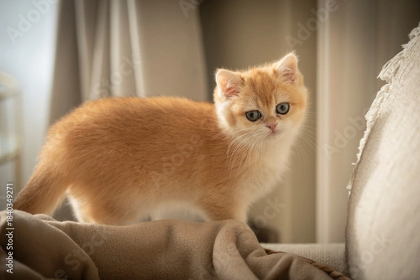 Fototapeta A tiny Golden British Shorthair Kitten  walks over a couch  in a sunny day in the living room of a house in Edinburgh, Scotland, UK