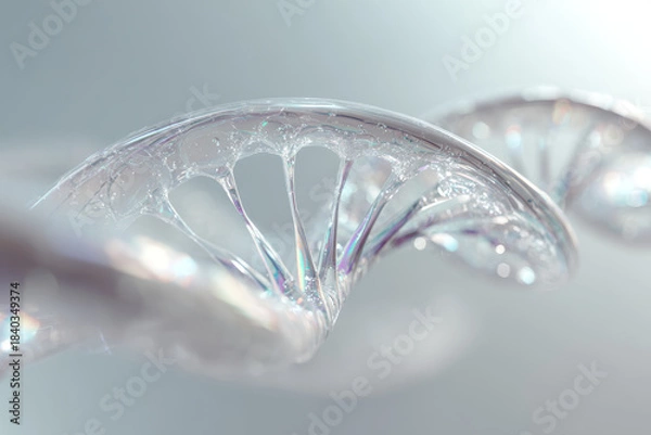 Obraz Super detailed rendering of a translucent DNA helix floating on a soft light background, representing genome research, genetic science and hereditary disease treatment concepts.