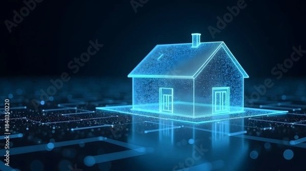 Obraz Glowing holographic house blueprint floating in dark digital space