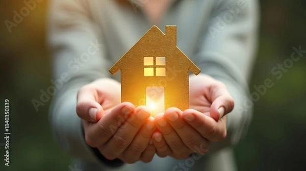 Fototapeta golden house floating above open hands, ownership theme