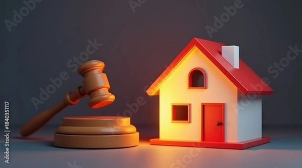 Obraz illustration of house auction scene with gavel and glowing bids