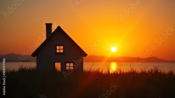 Obraz Creative photo of house silhouette against sunset with keys in foreground