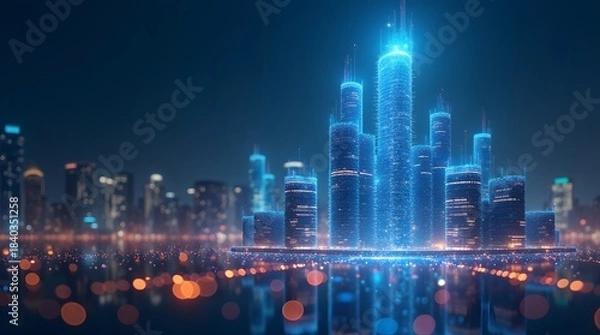 Fototapeta Illustration of futuristic holographic skyscraper glowing with data streams
