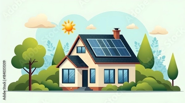 Fototapeta Illustration of eco friendly smart home with solar panels and trees