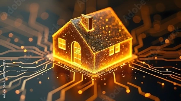 Obraz Golden house merging with digital circuit board, smart property concept