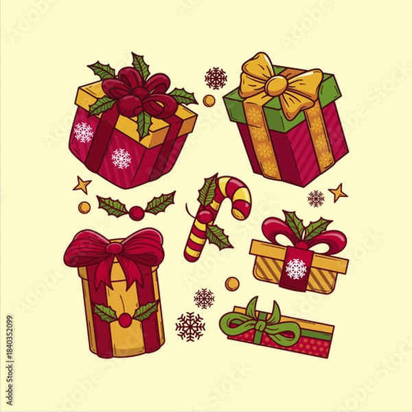 Fototapeta Assortment of colorful festive holiday gift boxes wrapped with ribbons and decorated with holly berries candy canes and snowflakes creating a cheerful seasonal background pattern