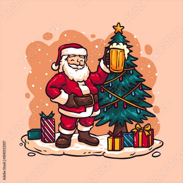 Fototapeta Santa Claus's Holiday Cheers: A jolly Santa Claus, adorned in his iconic red suit, raising a mug in a festive toast beside a decorated Christmas tree and an array of wrapped presents.