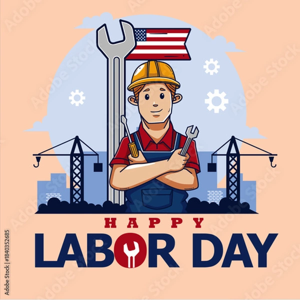 Fototapeta Labor Day Tribute: A smiling construction worker stands proudly, holding tools amidst an inspiring scene, celebrating the spirit of Labor Day.