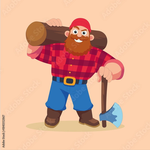 Fototapeta Cartoon lumberjack character with a thick red beard wearing a plaid shirt carrying a heavy log over his shoulder and holding an axe ready for woodcutting work