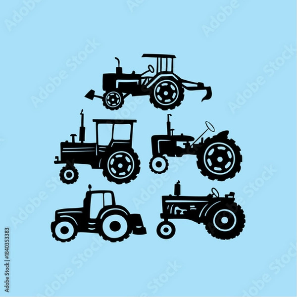 Fototapeta Collection of five distinct black silhouette farm tractor icons displayed against a solid light blue background representing agricultural machinery and rural transport themes
