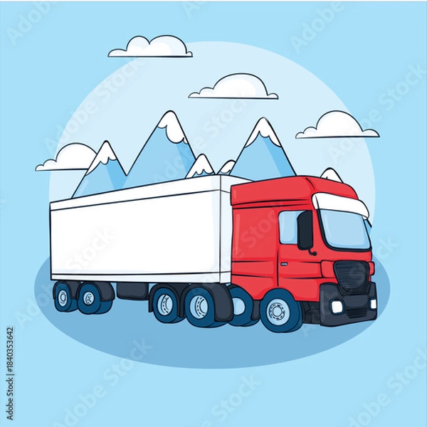 Fototapeta Cargo Truck on the move: A dynamic illustration captures a vibrant red cargo truck navigating the majestic mountain landscape, symbolizing transport and delivery.