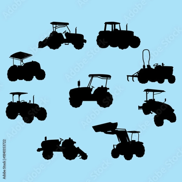 Fototapeta Collection of diverse black tractor silhouettes showcasing various agricultural machinery types against a solid light blue background perfect for farming design projects