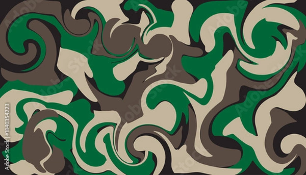 Fototapeta Fluid camouflage pattern with swirling shades of deep green tan and brown creating a liquid marble effect suitable for artistic or military themes