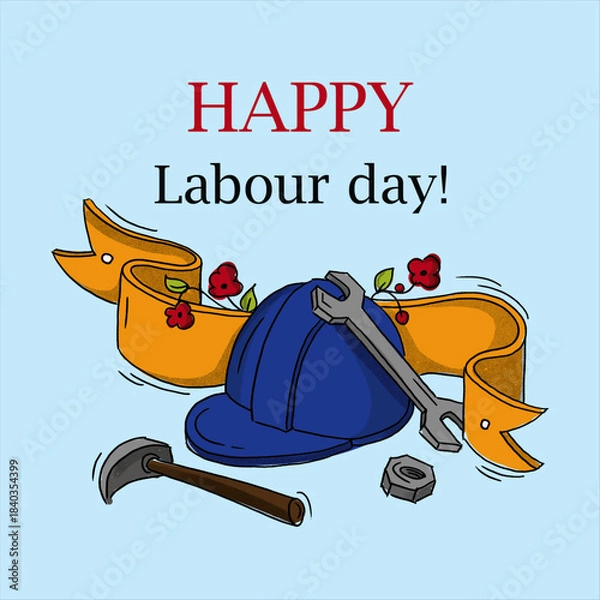 Fototapeta Celebrating labor day with a festive illustration featuring a blue hard hat a wrench a hammer and a decorative yellow ribbon with small red flowers against a light blue background