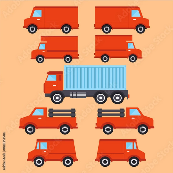 Fototapeta Transportation Array: A visual symphony of diverse red vehicles, each ready for its designated journey. Including several vans, a vibrant truck, all set against a neutral canvas.