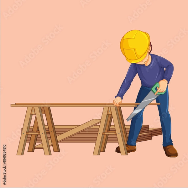 Fototapeta Crafting Confidence: A skilled craftsman, adorned in safety gear, meticulously saws wood, demonstrating precision and dedication. He works with steady hands.