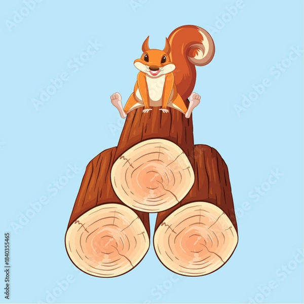 Fototapeta Cheerful cartoon squirrel happily sitting atop a stack of three freshly cut brown wooden logs against a solid light blue background in a simple vector style
