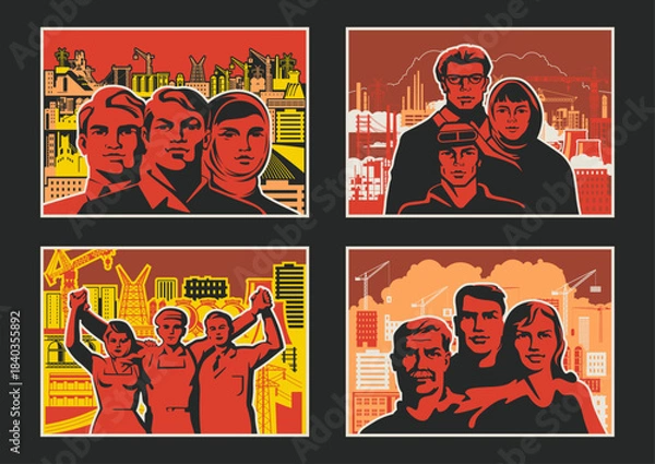 Fototapeta Retro Style Working Propaganda Poster Set, Working People, Factory, Plant, Construction Site. Vintage Placards Style Vector Illustrations