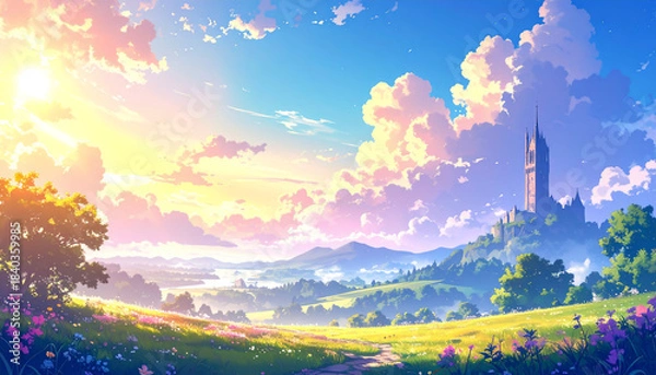 Obraz ファンタジー世界の塔のある風景_generated by AI