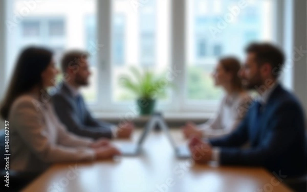 Fototapeta Blur office meeting blurred background with business people working group in boardroom discussion for teamwork brainstorming, executive seminar or professional training in small startup enterprise