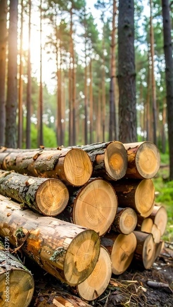 Obraz Sunlight filters through pine trees, illuminating stacked logs