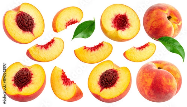 Fototapeta set of peach fruit with half slice and green leaves isolated on white and transparent, background Remove png